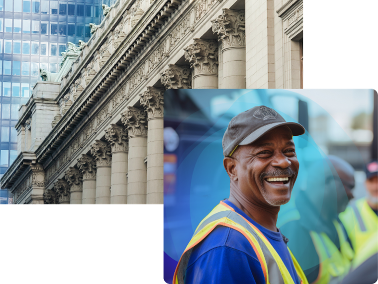collage of government building with columns and safety employee smiling