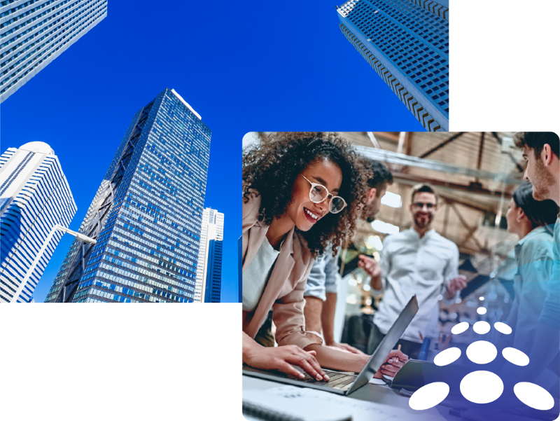 collage of skyscrapers and colleagues collaborating at desk