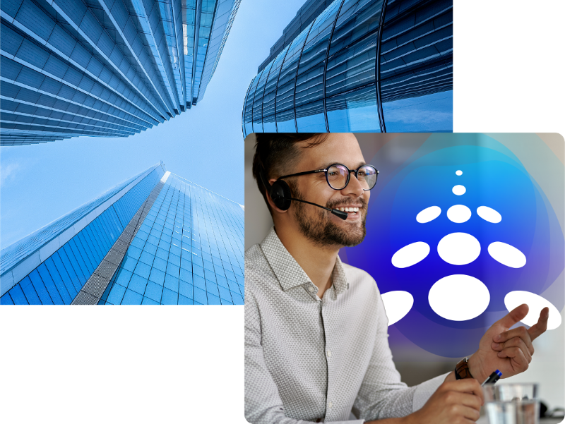 collage of sky scraper and man working with headset on