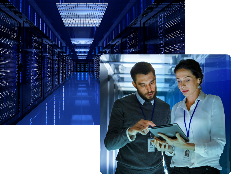 collage of man and woman looking at tech device and computer room