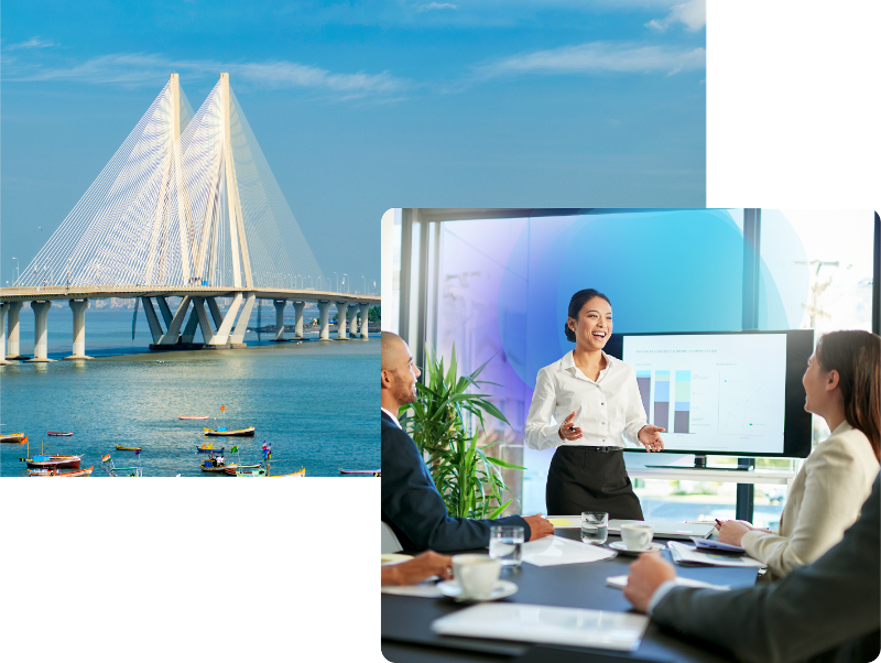 collage of bridges and woman speaking to colleagues