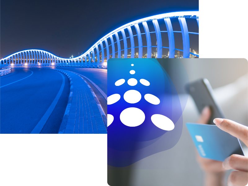 collage of blue structure and person holding credit card and phone