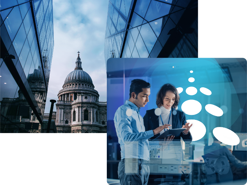 collage of capitol building and business man and woman looking touch pad