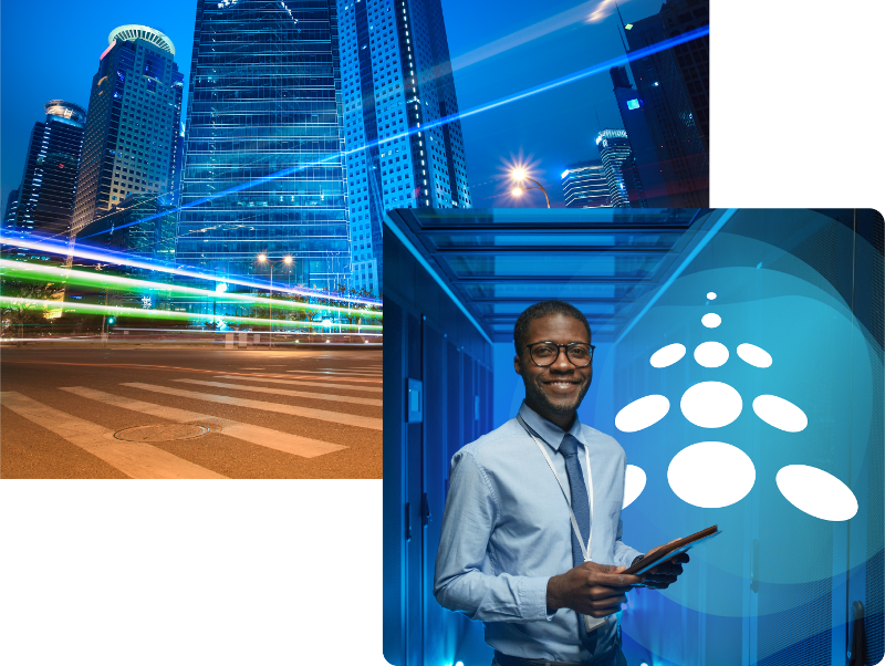 collage of building next to highway and man in blue collard shirt smiling