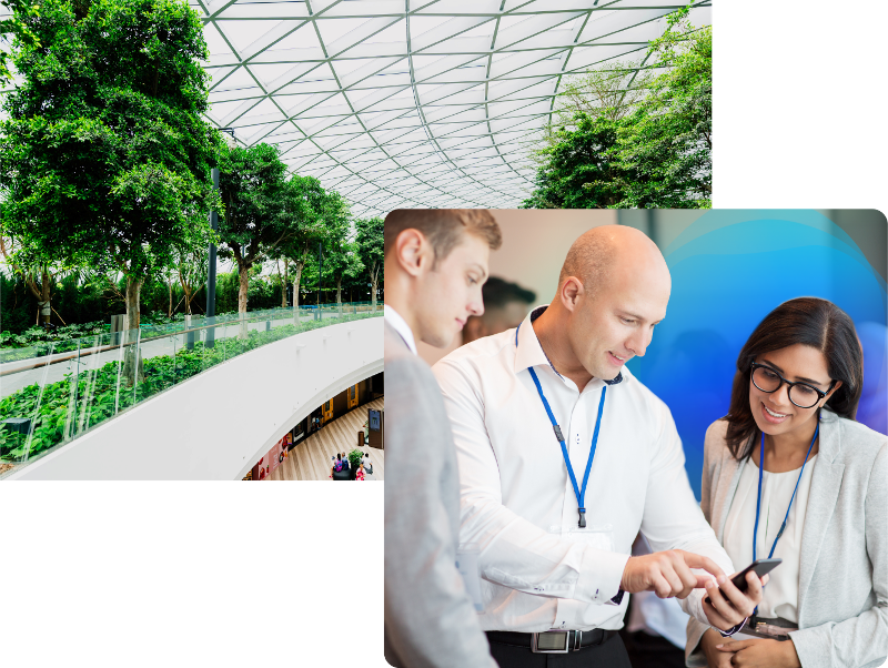 collage of walkway in indoor dome and a group of colleagues at conference 