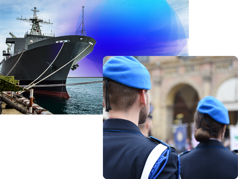 collage of ship docked and navy servicemen and woman in formation