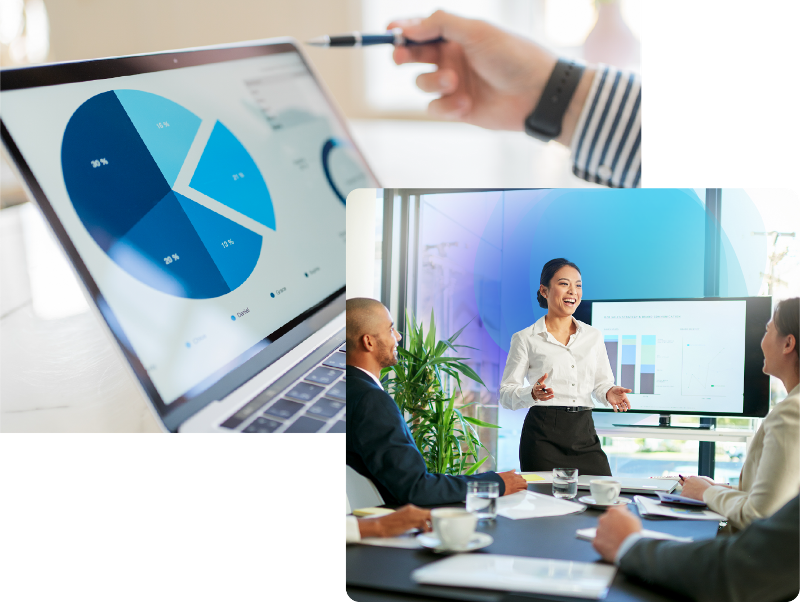 collage of pie chart and woman speaking in front of colleagues