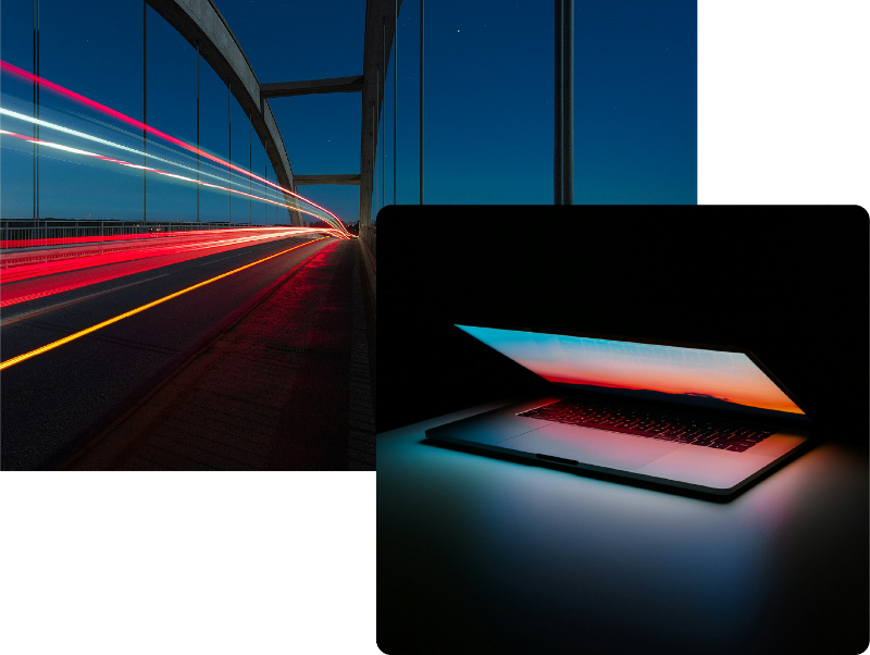 collage of bridge with with macbook opening in dark