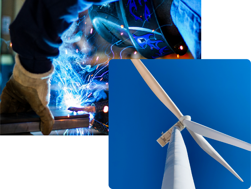 collage of welder and wind turbine