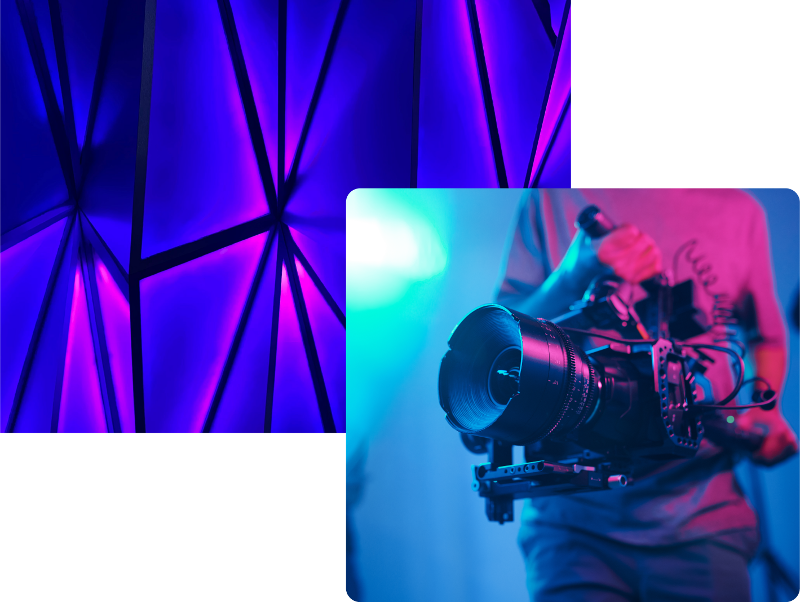 collage of violet lit room and videographer in the room