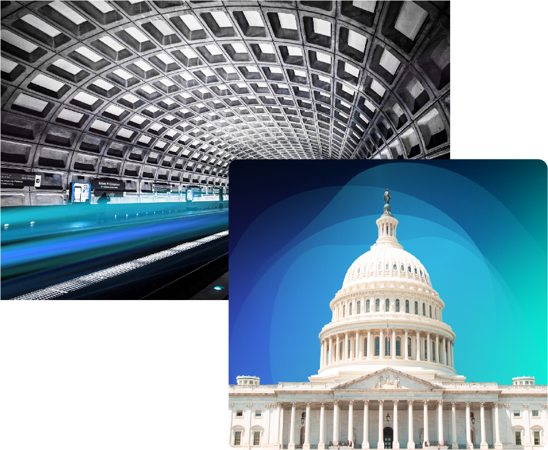 collage of train station and white house capitol 