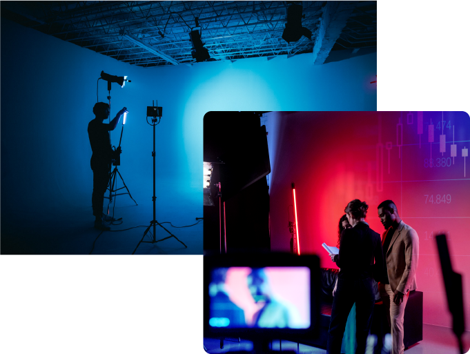 production set for video, production team discussing script